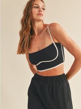 Asymmetric Contrast-Trim Crop Top - Black/White